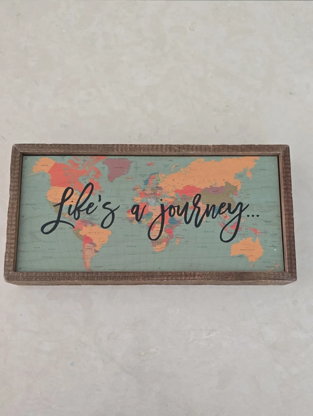 Life's a Journey World Map Wooden Sign - Brown, Blue & Orange